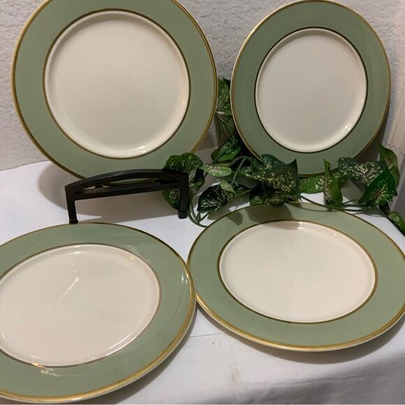 COPY - 4 Dinner Plate Classic Heritage Green Green Band Gold Trim Made in USA  … - Picture 2 of 10